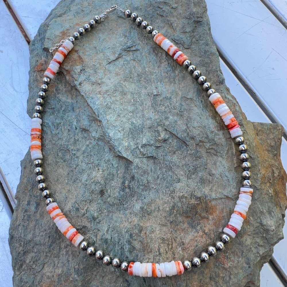 Sterling Silver & Spiny Oyster Beaded Necklace New - Picture 5 of 13